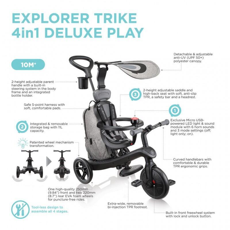 Tricycle évolutif EXPLORER 4 en 1 DELUXE PLAY Noir-Gris